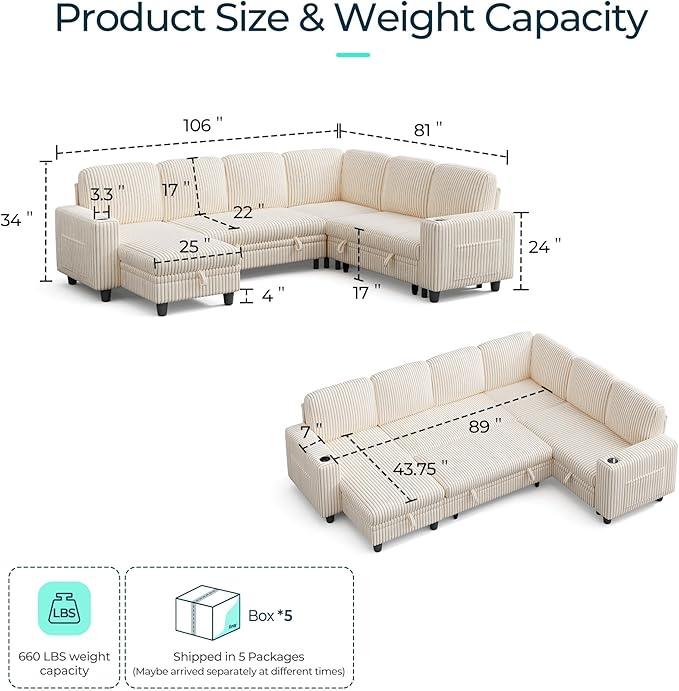 LINSY HOME Sectional Sleeper Sofa with Pull Out Couch Bed - Convertible Plush Corduroy Cloud Couch with Storage Chaise & USB Charging, Comfy Modular Couches for Living Room, Beige
