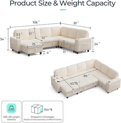 LINSY HOME Sectional Sleeper Sofa with Pull Out Couch Bed - Convertible Plush Corduroy Cloud Couch with Storage Chaise & USB Charging, Comfy Modular Couches for Living Room, Beige