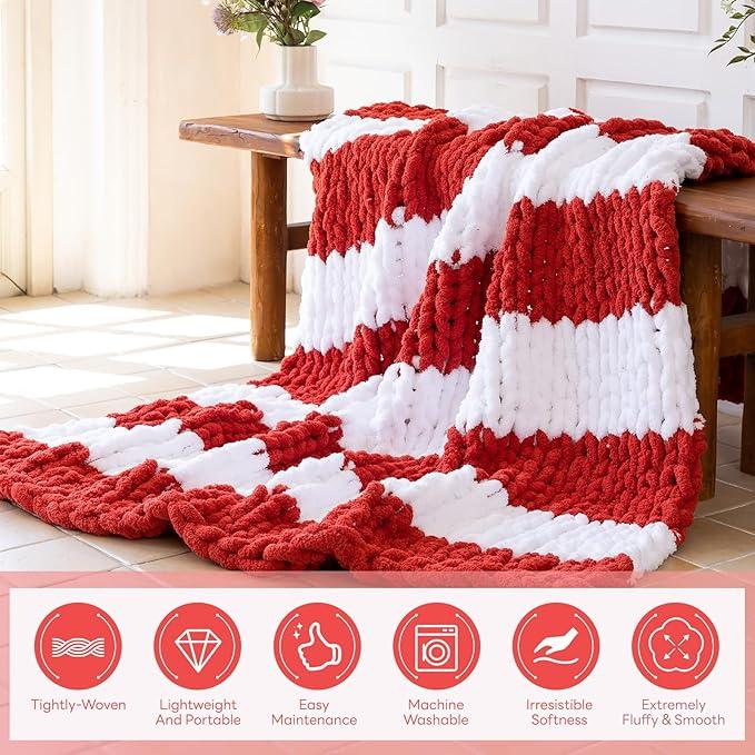 Chunky Knit Blanket - Luxury Soft Cozy 50 * 60 Throw Blanket,100% Woven Blanket Rope Knot Throw Blanket for Couch, Sofa, Home Decor, Gift - Machine Washable（White/Wine red）