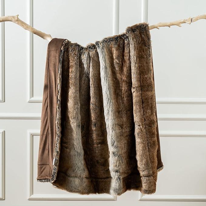 BATTILO HOME Luxury Brown Faux Fur Blanket Thick Warm Elegant Cozy Fuzzy Throw for Couch, Bed, Sofa Fluffy Blankets Decorative Reversible to Plush Velvet, 50