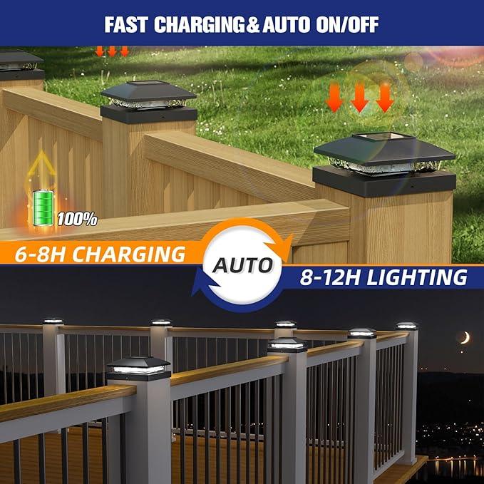 APONUO Solar Post Cap Lights for 4x4 Wood & Vinyl Posts, IP44 Waterproof Cool White LED 4x4 Post Solar Lights, Outdoor Garden Patio Yard Decor, 8 Pack (Black)