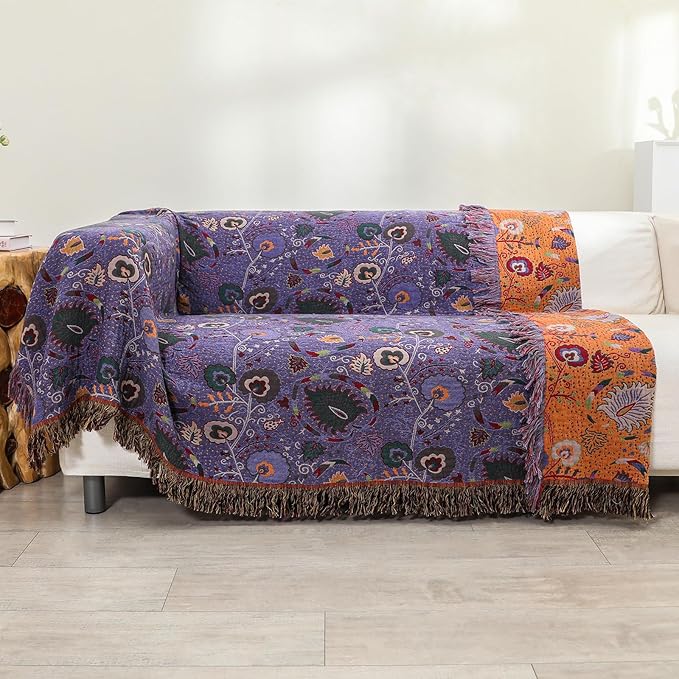 Boho Throw Blanket for Bed,100% Ultra Cotton Soft Breathable Bed Throw Floral Printed Farmhouse Decor Rustic Bed Throws for Couch Sofa Quilt Purple Flowers 60