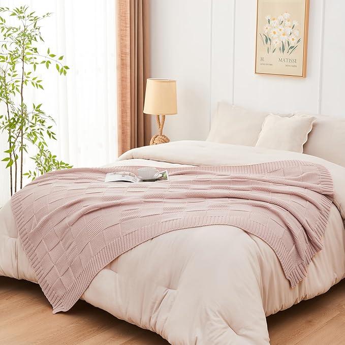 CozeCube Check Knit Throw Blanket, Pink Checkered Throw for Couch, Decorative Christmas Soft Cozy Warm Knitted Blanket for Bed Sofa Living Room, 50