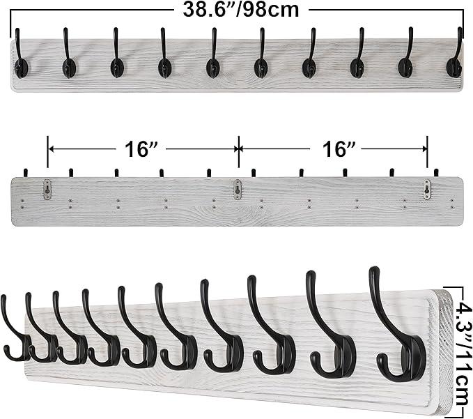 SKOLOO Rustic Wall Mounted Coat Rack, Case of 2, Pine Solid Wood Coat Hook Hanger - 10 Hooks for Hanging Clothes Robes Towels Coats