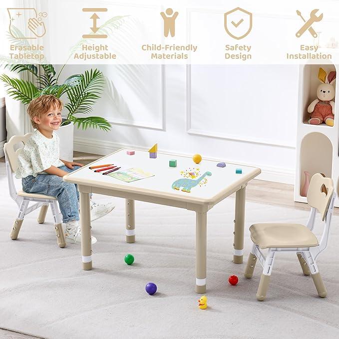 Kids Table and 2 Chairs Set, Height Adjustable (17.7
