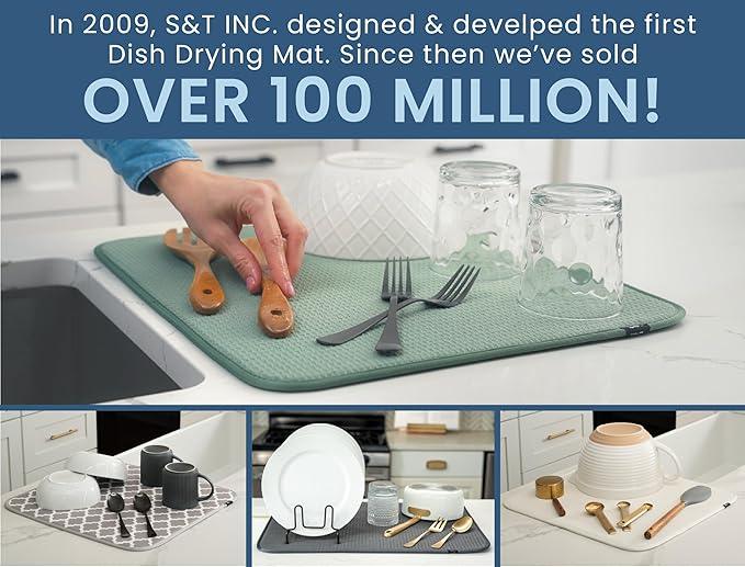 S&T INC. Dish Drying Mat XL, 18” x 24”, Absorbent Microfiber Kitchen Counter Mat, Dish Drying Pad for Dishes, Utensils, Pots and Pans, Extra Large, Pewter Grey Trellis