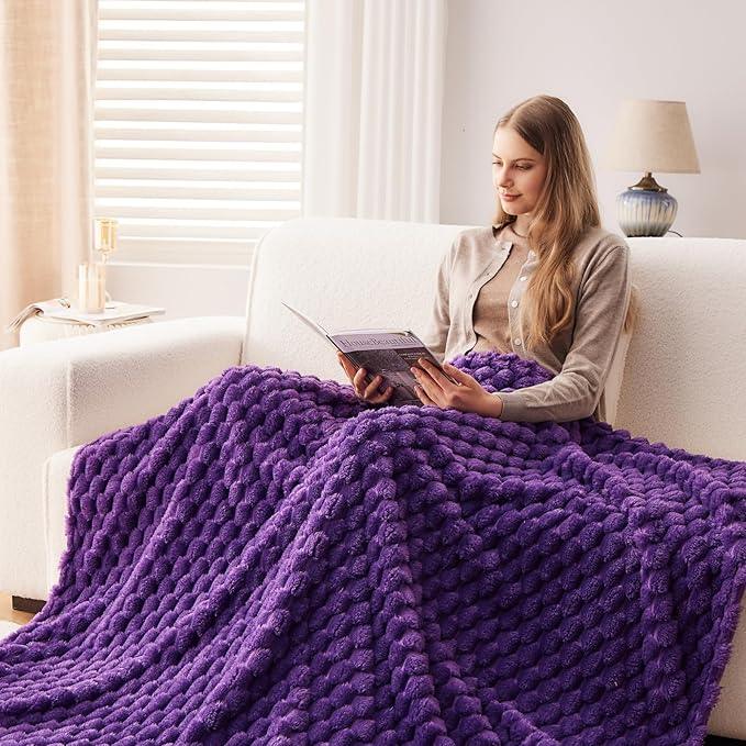 NEWCOSPLAY Super Soft King Blanket Purple Premium Silky Flannel Fleece 3D Clouds Stylish Jacquard Lightweight Bed Blanket All Season Use 350GSM (Purple, King(90