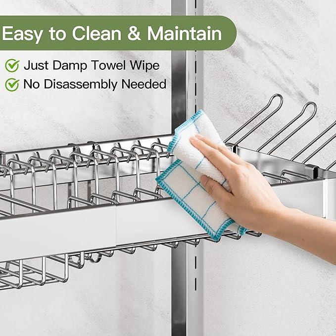 3 Tier Extra Large Stainless Steel Expandable Over The Sink Dish Drainer Drying Rack, Rust Proof Metal, Space Saving, Modern Silver Big Capacity Extendable Plate Strainers Above Kitchen Counter