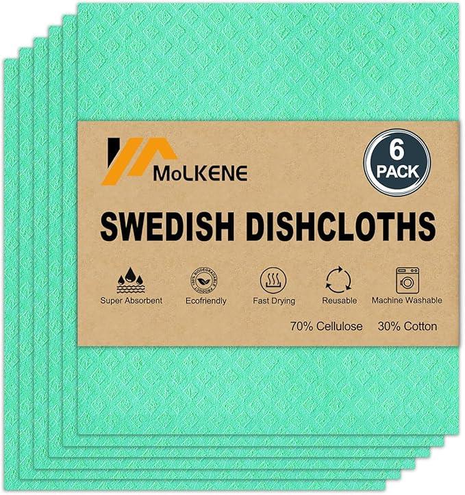 Swedish Dishcloths for Kitchen | 6 Pack Absorbent Cellulose Sponge Cloths Washable | Non-Scratch Reusable Paper Towels Quick Drying Cleaning Cloths - Green