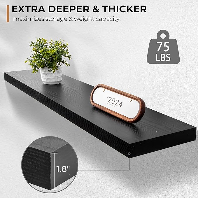 Floating Shelves - 10.3 Inch Deep Wall Shelf for Decor & Storage - Wall Mounted Display Shelving with Invisible Heavy-Duty Metal Bracket - 48
