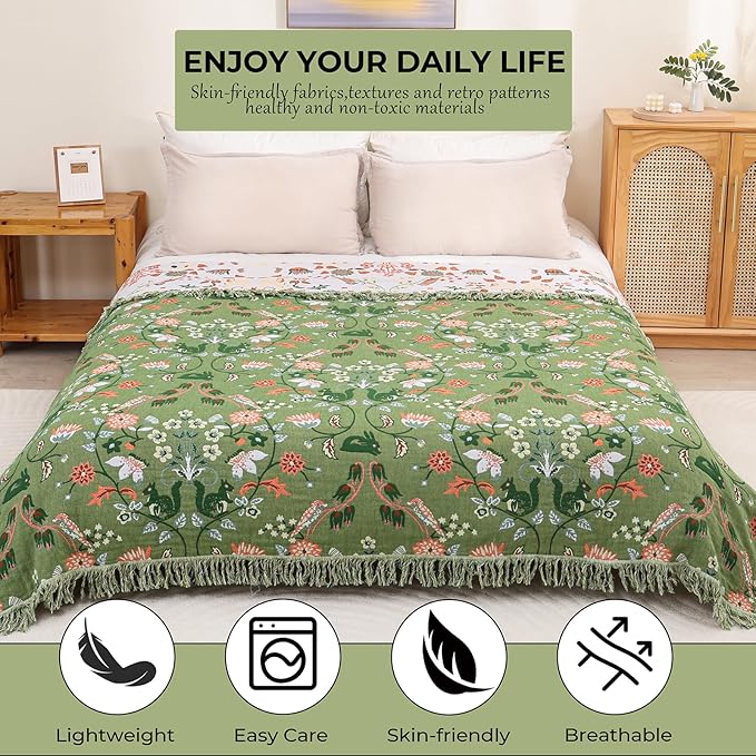Boho Throw Blanket for Bed, 100% Cotton Ultra Soft Rustic Quilt King Blanket Florals and Animals Printed Farmhouse Decor Large Bed Blankets,90