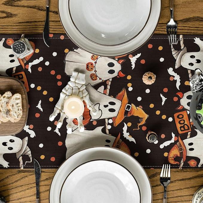 Artoid Mode Ghost Jack-O'-Lantern Black Cat Halloween Table Runner,Holiday Kitchen Dining Table Decoration for Home Party Decor 13 x 60 Inch