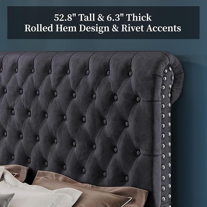 PaPaJet Bed Frame Queen Size Upholstered Platform Bed with 52.8'' Tall Sleigh Headboard, Button Tufted, No Box Spring Needed, Easy Assembly, Dark Grey
