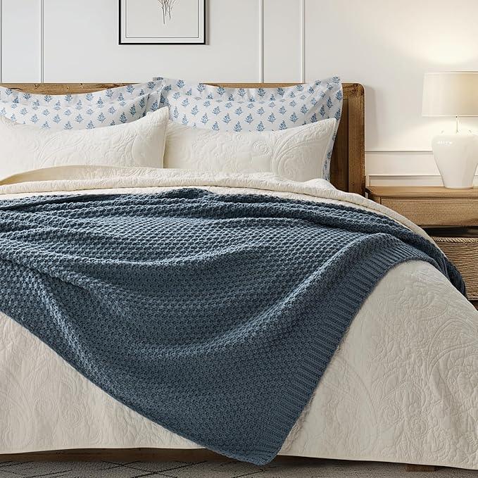 Chunky Chenille Knit Throw Blanket for Couch, Soft Luxurious Moss Stitch Blankets for Bed, Cozy Decorative Farmhouse Knitted Throws for Sofa, Stormy Blue, 60