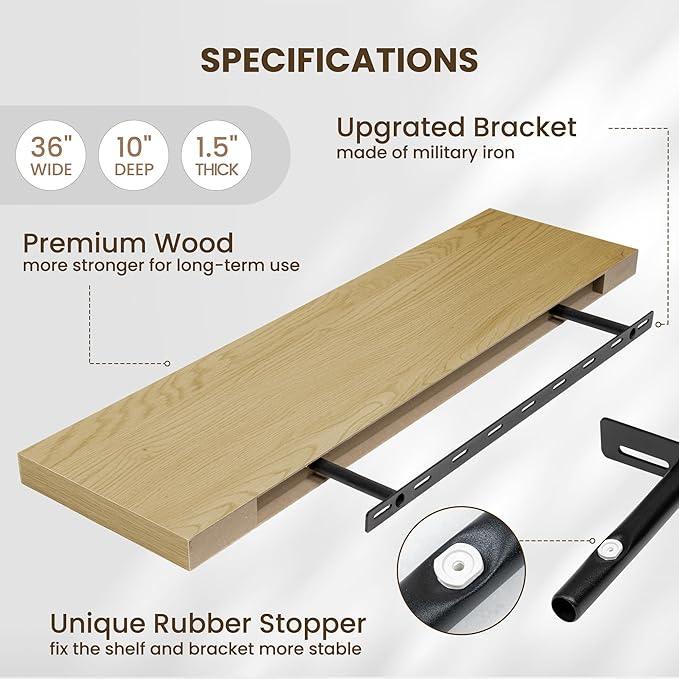 Fun Memories Floating Shelves for Wall 36 Inches, Wood Shelves with Invisible Bracket, 10