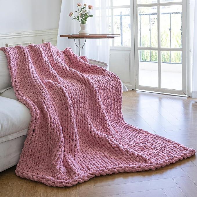 Chunky Knit Blanket - Luxury Soft Cozy 40 * 50 Throw Blanket,100% Woven Blanket Rope Knot Throw Blanket for Couch, Sofa, Home Decor, Gift - Machine Washable（Pink）