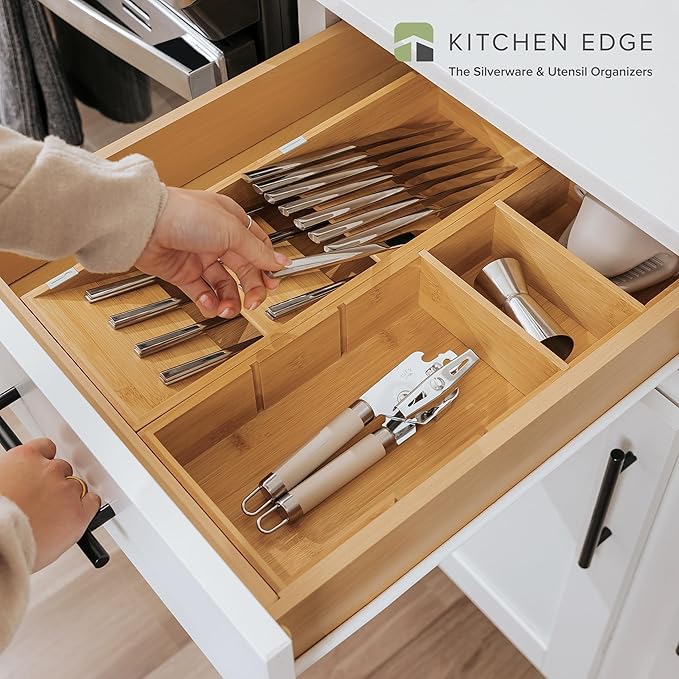 Premium Silverware and Utensil Drawer Organizers – Slanted 3-Compartment and 5-Compartment Design, Labeled Slots, Non-Slip Feet, 100% Sustainable Bamboo, 2 Pack
