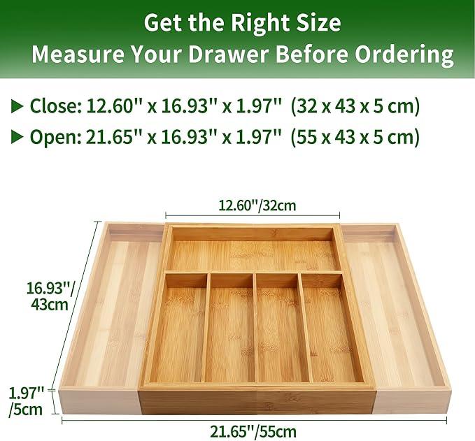 VaeFae Premium Bamboo Drawer Organizer, Expandable Silverware Drawer Organizer, Cutlery Tray with Dividers for Kitchen Utensils (Natural, Large)