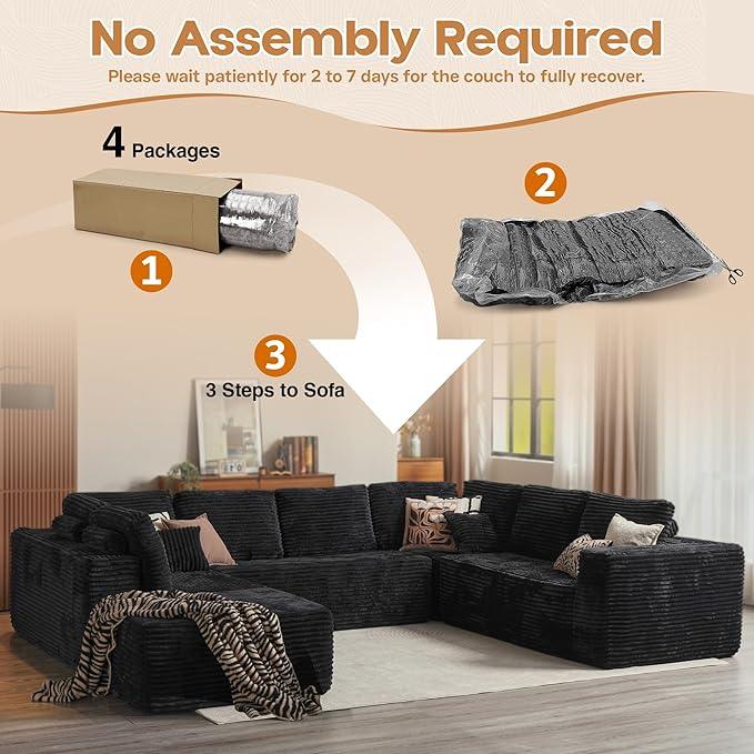 Cloud Sectional Couches for Living Room,U Shaped Modular Sofas No Assembly,135x100 Inches Plush Corduroy Oversized Floor Couch Set with Deep Seat Chaise,Black