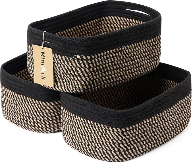 Small Storage Baskets for Organizing | Closet Organizer Bins | Shelf Toy Basket | Woven Rope Baskets | Cube Decorative Box | Shallow Basket | 13x8.5x5.1” | 3 Packs Black Brown