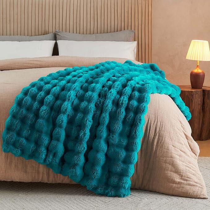 Lotus Karen Faux Fur Throw Blanket Teal - Big Bubble Rabbit Fluff Blanket for Couch Bed Sofa,Softest Fluffy Fuzzy Cozy Blanket,Thick Furry Plush Shaggy Warm Blankets for Women,60x80 Inches