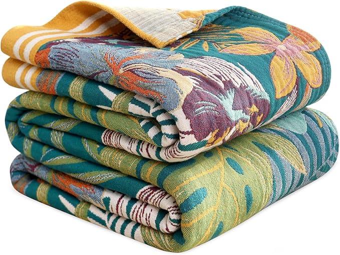 MSGKV Boho Throw Blanket for Couch and Sofa Cotton Blankets for Living Room Bedroom Reversable Florals Throw 60
