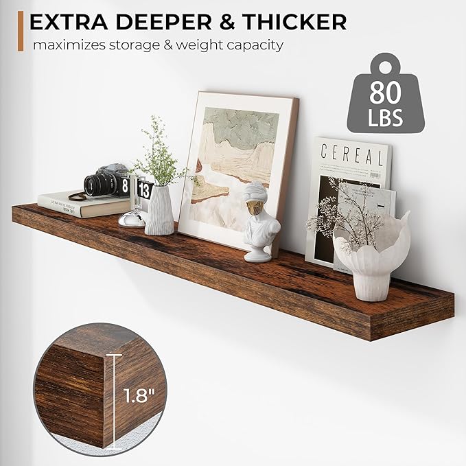 Fun Memories 55 Inch Floating Shelves - 9 Inch Deep Rustic Wooden Wall Shelves - Extra Deeper & Thicker Wall Mounted Storage Shelf for Living Room, Kitchen, Farmhouse - 55