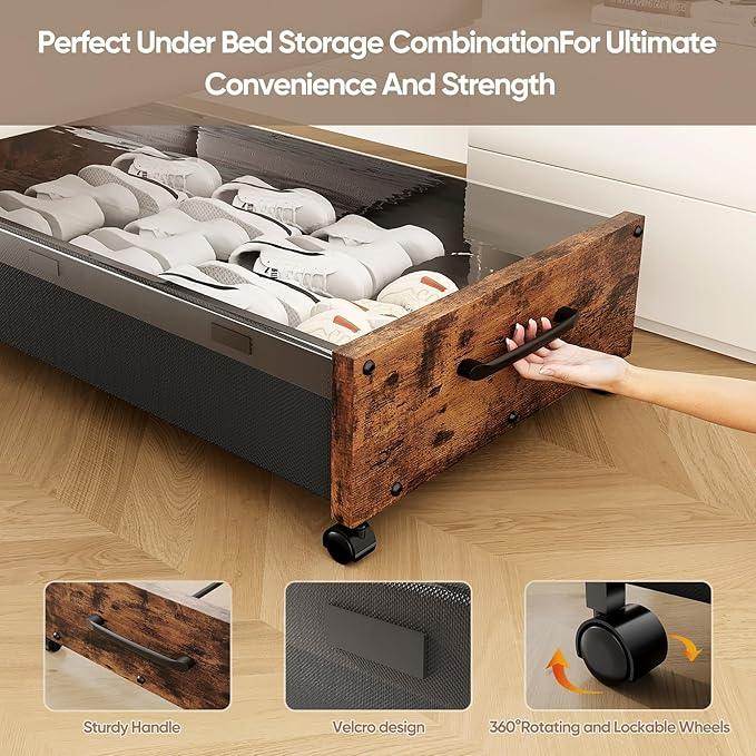 Wooden Under Bed Storage with Wheels, 80L Extra-large Rolling Under the Bed Storage Bins 2 Pack with Removable Lid, Upgrade Metal Under Bed Drawers for Clothes Shoes Blankets in Bedroom