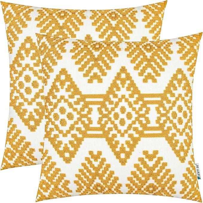 HWY 50 Mustard Yellow Decorative Throw Pillow Covers 18x18 Inch, Pack of 2 Embroidered Cotton Farmhouse Cushion Cover Pillow Case for Sofa Couch Living Room Bed Bedroon, Modern Diamond Geometric
