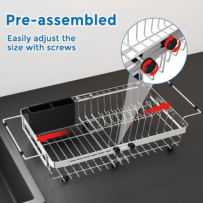 MAJALiS Expandable in Sink Dish Drying Rack - Adjustable Capacity (11.3''-17''L) Stainless Steel Over Sink Dish Drainers Rack for Kitchen Sink with Utensil Holder, Silver