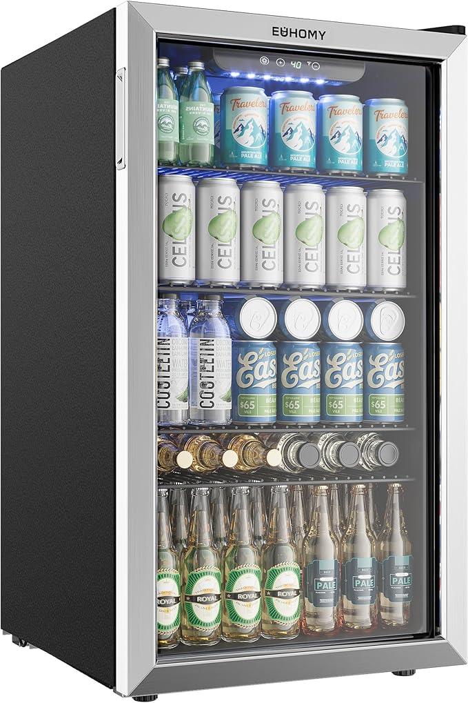 EUHOMY Beverage Refrigerator and Cooler, 128 Can Mini fridge with Glass Door, Small Refrigerator with Adjustable Shelves for Soda Beer or Wine, Perfect for Home/Bar/Office, Silver
