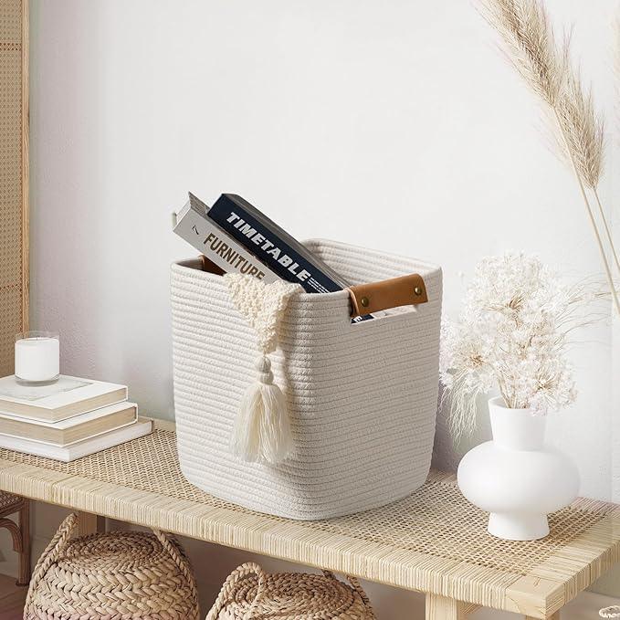 danpinera Set of 3 11 Inch Storage Baskets, Cube Storage Bins, White Woven Baskets with Stable Leather Handles, Square Cotton Rope Bins for any Room, Easy to Recover