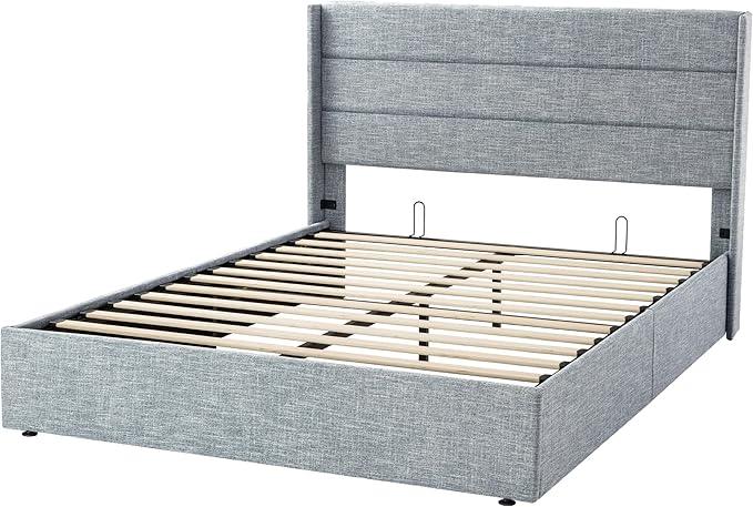 Allewie Full Size Lift Up Storage Bed, Modern Wingback Headboard, Hydraulic Support, No Box Spring Needed, Grey Blue