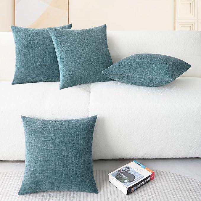 CaliTime Throw Pillow Covers Decorative 18 X 18 Inches Pack of 4 Cozy Chenille Cushion Cases for Couch Sofa Bed Living Room Home Smoke Blue