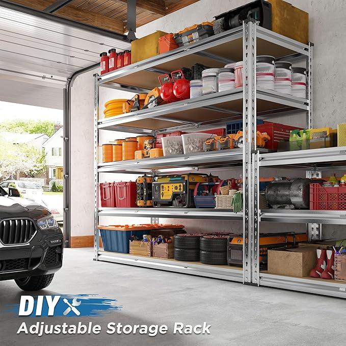 REIBII Garage Shelving, 5 Tier Storage Shelves Load 3000LBS, Adjustable Garage Shelving Heavy Duty, Metal Shelves Unit for Basement, Warehouse, 48