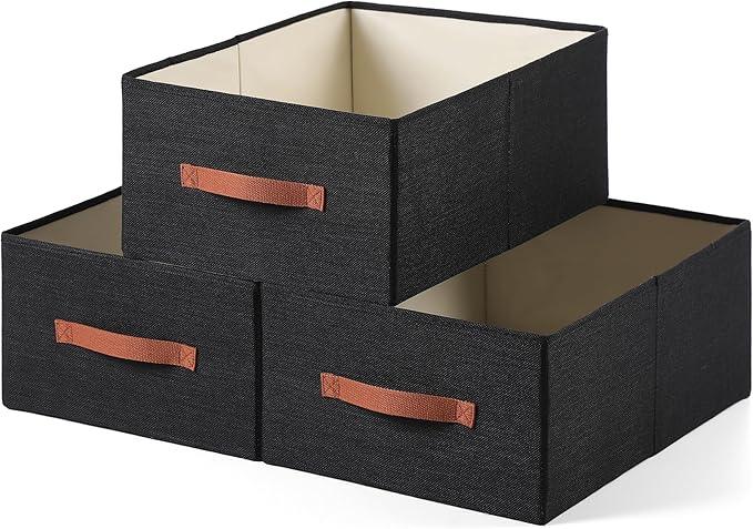 linen closet organizers and storage, 3 Pack Large Storage Baskets, Washable, Clothing Storage Bins with Handle, Closet Organizer for Storage Sweater,Sheets (Black, 18½