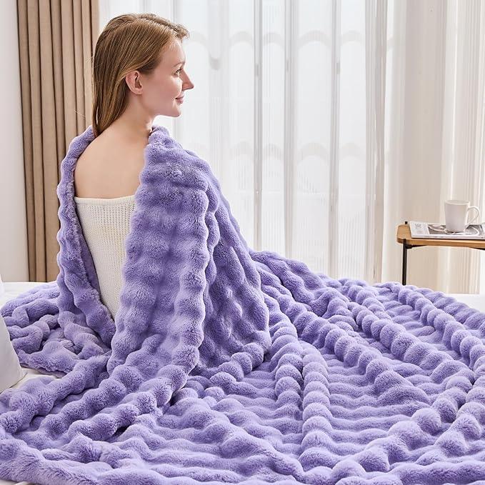 NEWCOSPLAY Faux Fur Throw Blanket Lavender Bubble Blanket Thick Warm Soft for Couch Sofa Bed 550GSM (Lavender, Throw(50