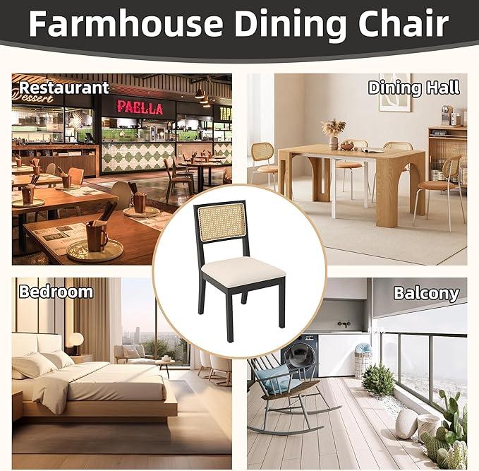 Westice Rattan Dining Chairs Set of 4, Farmhouse Natural Dining Room Chairs with Upholstered Cushion, Wood Armless Chairs for Kitchen/Restaurant, Black