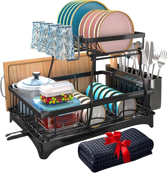 Godboat Dish Drying Rack, 2-Tier Dish Rack with Auto-Drain & Mat, Dish Racks for Kitchen Counter, Dish Drainer with Knife, Fork & Cup Rack, Gifts for Women, Mothers Day, Cool Stuff & Kitchen Gadgets