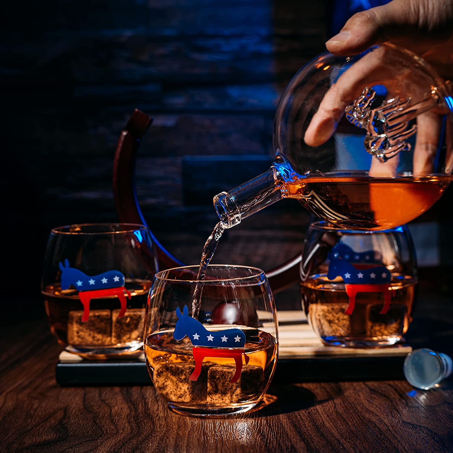 Democratic Party Wine & Whiskey Decanter Set, Proud Democrat Vote Blue Election Decor, Washington DC Politics Gift, 750ml With US Flag and 4 Glasses - Donkey Logo, DNC Gifts, Senate, House & President