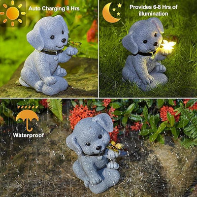 Solar Dog Statue Garden Decor with Butterfly Light – Waterproof Outdoor Yard Art for Patio, Lawn, Balcony for Mother’s Day, Father’s Day, Housewarming, Mom, Dad, Grandma, Men, Women