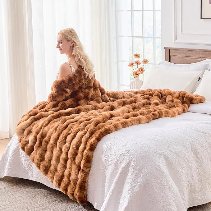 BENVWE Faux Fur Throw Blanket for Couch - Fluffy Soft Thick Bubble Blanket for Living Room Home Decor - Fathers Day Birthday Gifts for Women Men, Tie-dye Caramel, 50
