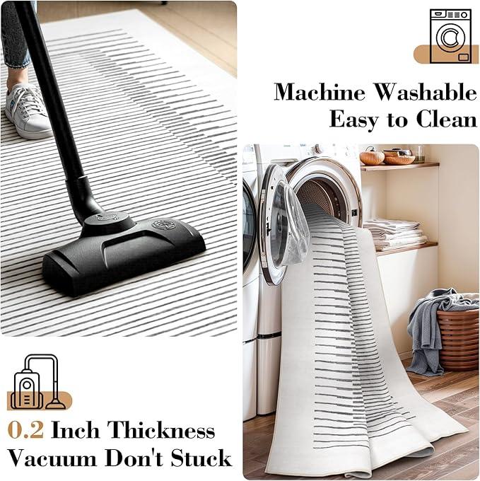 Wonnitar Washable Striped 8x10 Rugs for Living Room, Non-Slip Soft Grey Berber Stripe Bedroom Rug, Low Pile Minimalist Floor Carpet for Dining Room Living Room Office Department (Grey, 8' x 10')