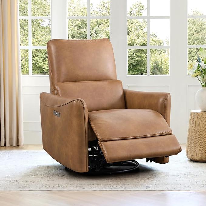CHITA Power Recliner Chair Swivel Glider, FSC Certified Upholstered Faux Leather Living Room Nursery Reclining Sofa Chair with Lumbar Support, Cognac Brown