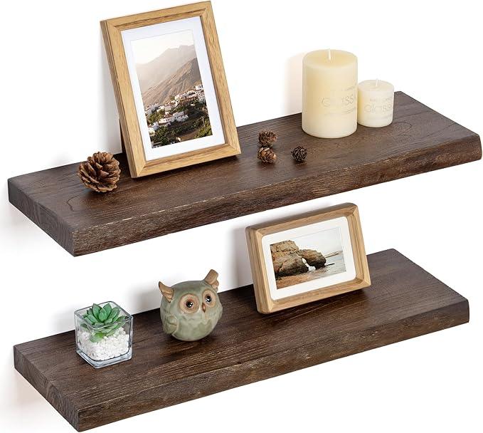 Floating Shelves for Wall Decor, Rustic Solid Elm Wood Live Edge Floating Shelves Wall Mounted, Wall Shelves with Invisible Bracket for Living Room Bathroom Bedroom Kitchen, 24 Inch Set of 2, Walnut