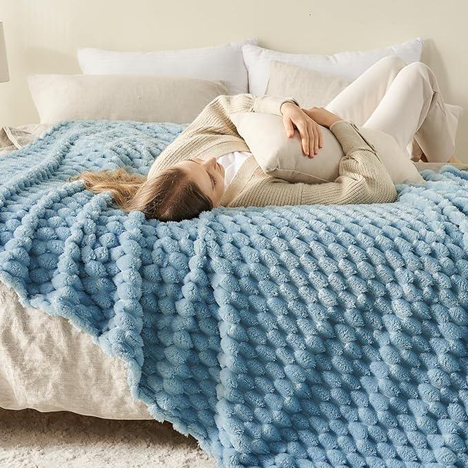 NEWCOSPLAY Super Soft Twin Blanket Blue Premium Silky Flannel Fleece 3D Clouds Stylish Jacquard Lightweight Bed Blanket All Season Use 350GSM (Blue, Twin(60