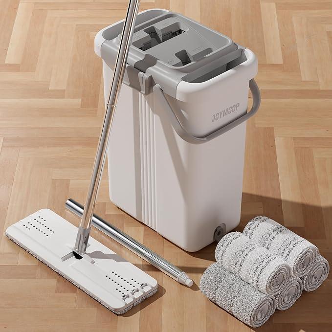 JOYMOOP Mop and Bucket with Wringer Set, Flat Squeeze Mop with Bucket (X-Large), Dust Mop for Wall Cleaner with Long Handle, Microfiber Mop - White Bucket with 5 Reusable 15