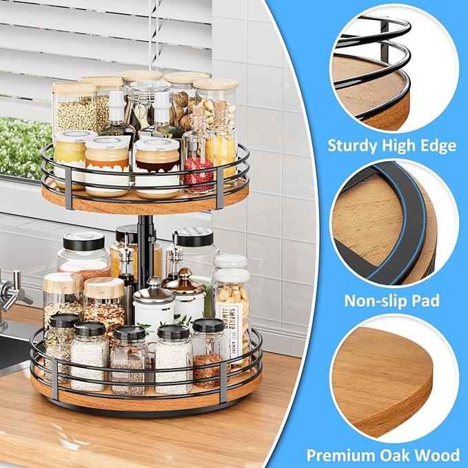 Lazy Susan Turntable Organizer Adjustable - 2 Tier Wood Rotating Spice Rack 12 Inch Lazy Susan for Kitchen Countertop Cabinet Pantry Cupboard Dining Table Bathroom Coffee Bar Home Storage