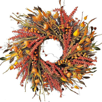 WANNA-CUL 24 inch Fall Wreath Decor for Front Door with Pumpkins, Hawthorn,Grain,Lantern Fruit,Berries,Eucalyptus Leaves, Large Harvest Door Wreath for Autumn or Thanksgiving Decoration