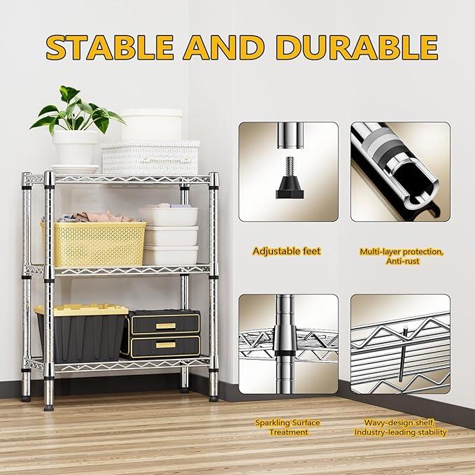 750 lbs 3 Tier Shelf Metal Storage Shelves Wire Rack Closet Organizers for Garage Kitchen Bathroom Laundry Chrome 11.8